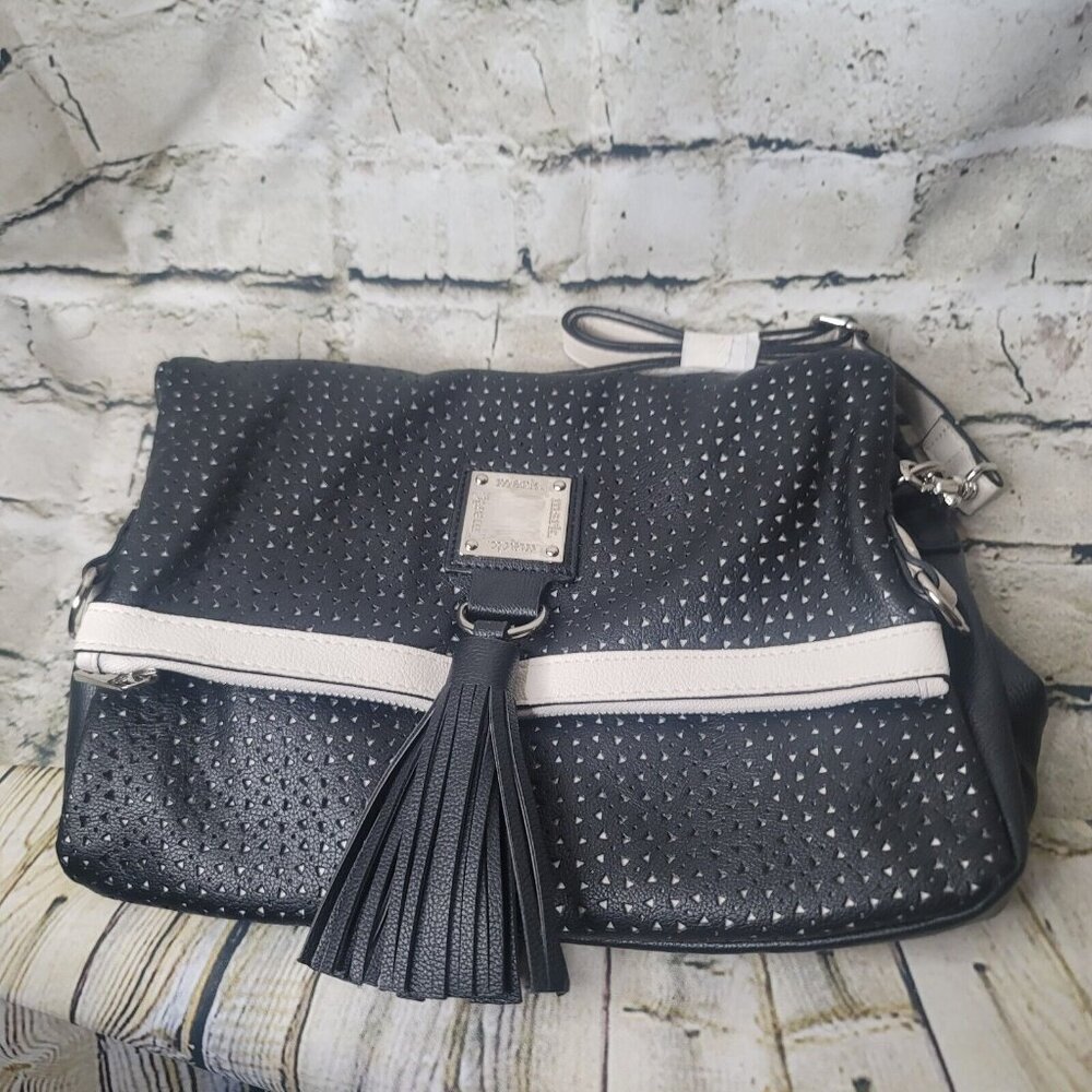 Avon Mark Tassle Clasp Perferated Black Tan Purse Adjustable Strap